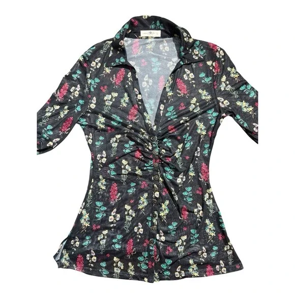 Natural Life Carina Floral Mesh Sheer Button Front Top Boho Womens Sz L - Picture 2 of 9